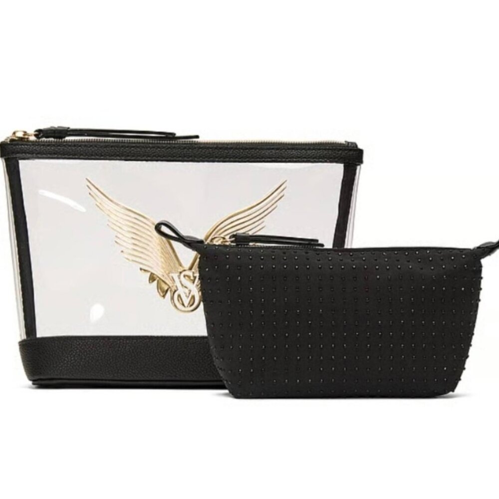 Victoria's Secret NWT Black and Gold Cosmetic 2-Piece Makeup Bag